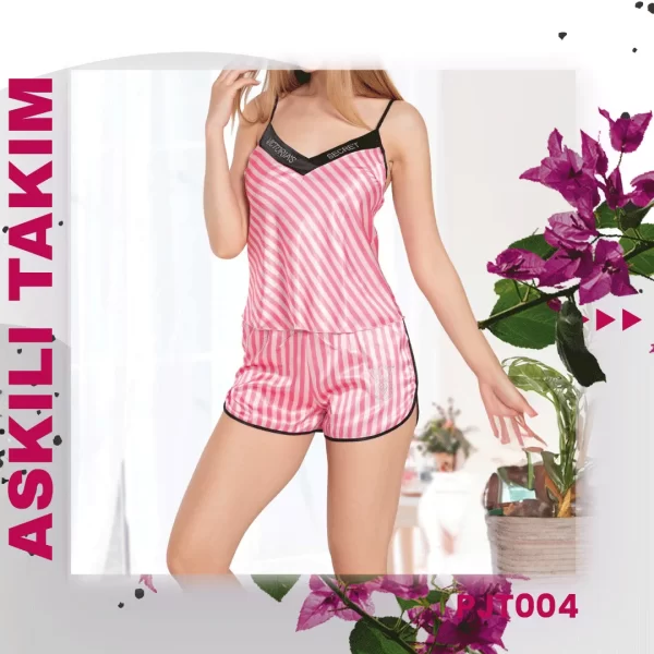 PJT004- Pembe Çizgili Askılı Pijama Takımı